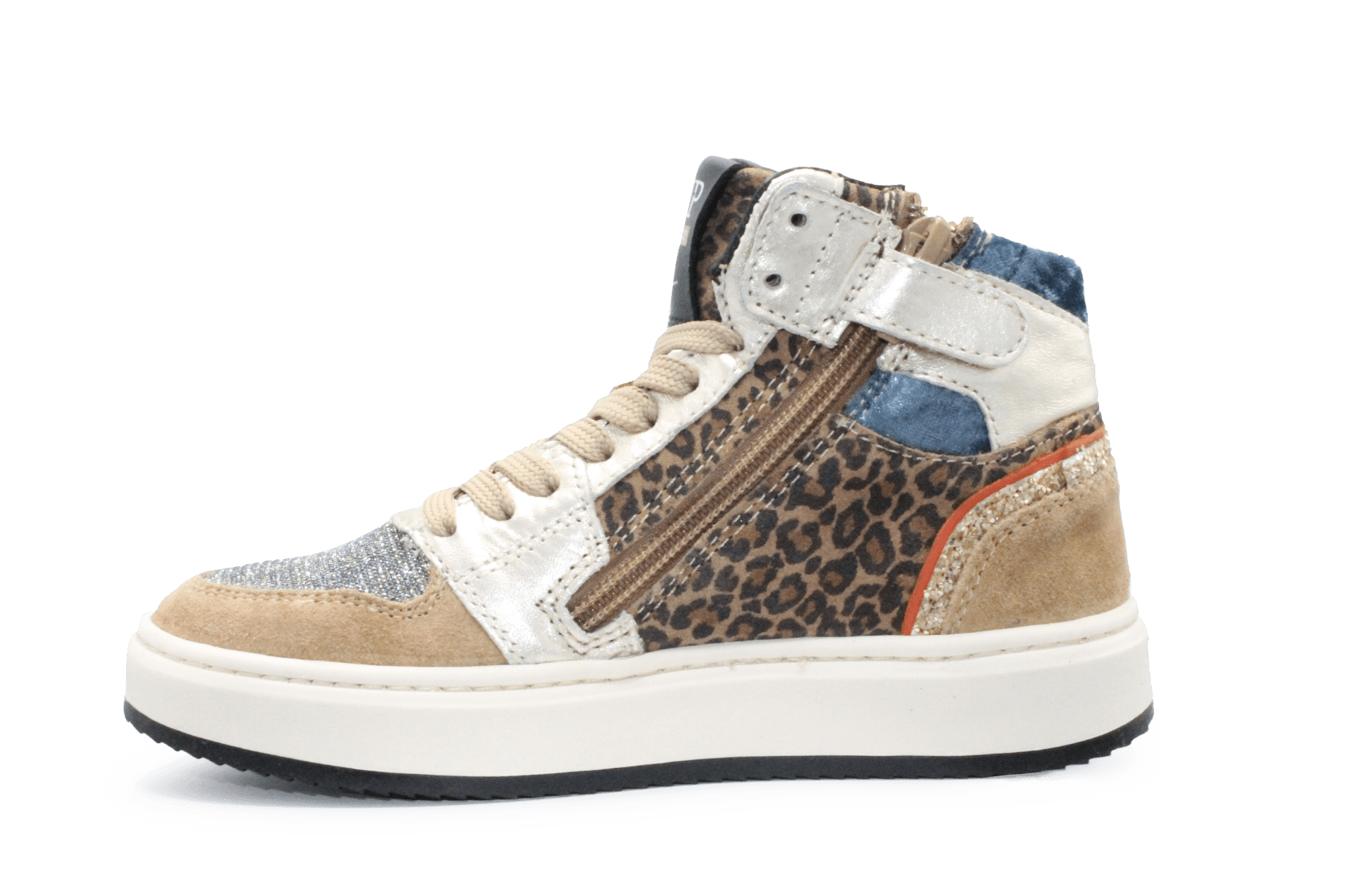 Hip H1765 Meisjes Hoge Sneakers Beige/Tijgerprint Suède en Leer met Rits