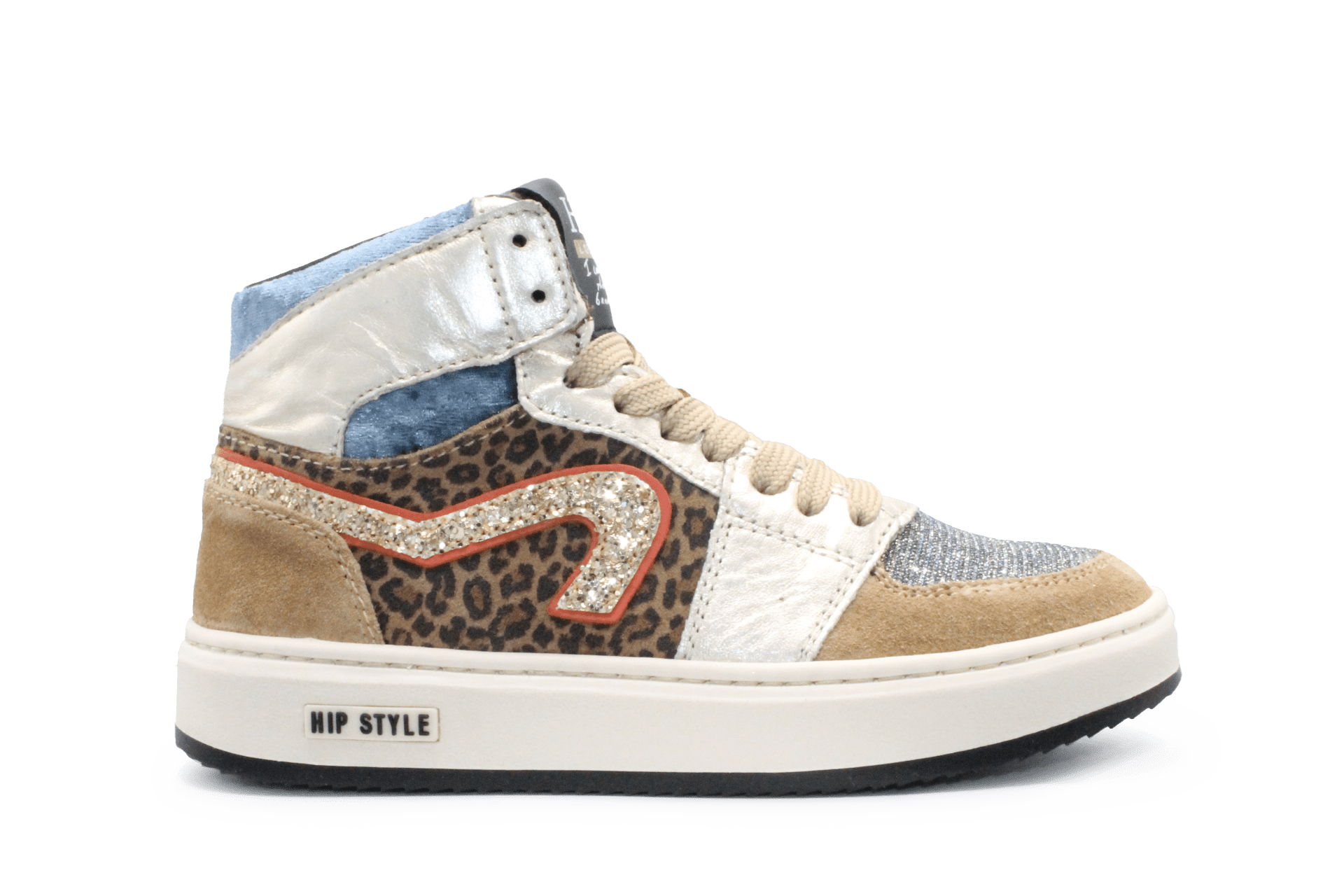 Hip H1765 Meisjes Hoge Sneakers Beige/Tijgerprint Suède en Leer met Rits