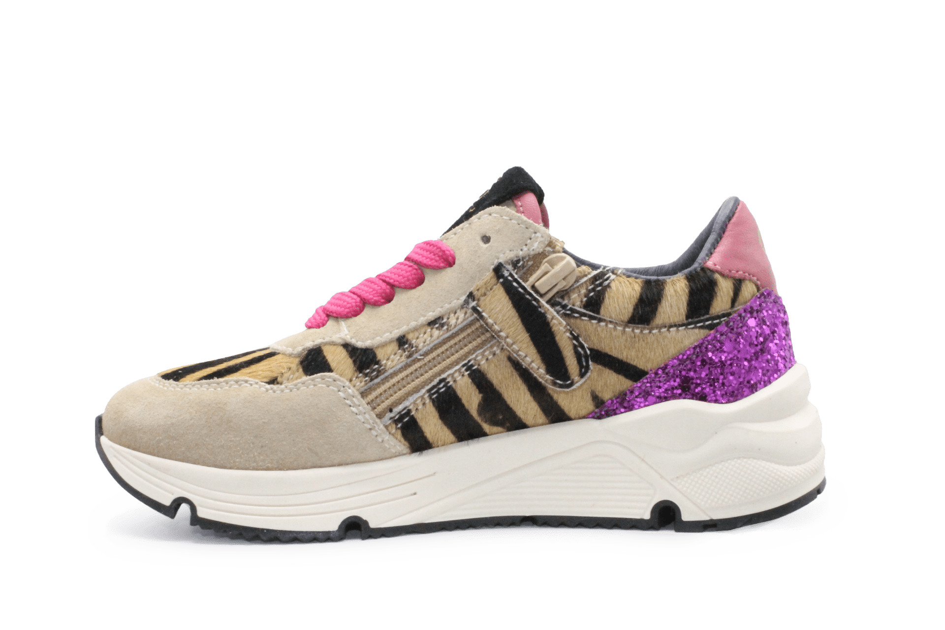 Hip H1896 Meisjes Sneakers Beige Tijgerprint Suède met Roze Glitter en Rits - hatshoe