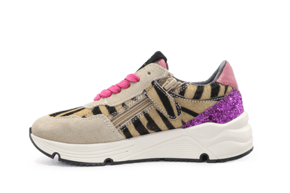 Hip H1896 Meisjes Sneakers Beige Tijgerprint Suède met Roze Glitter en Rits - hatshoe
