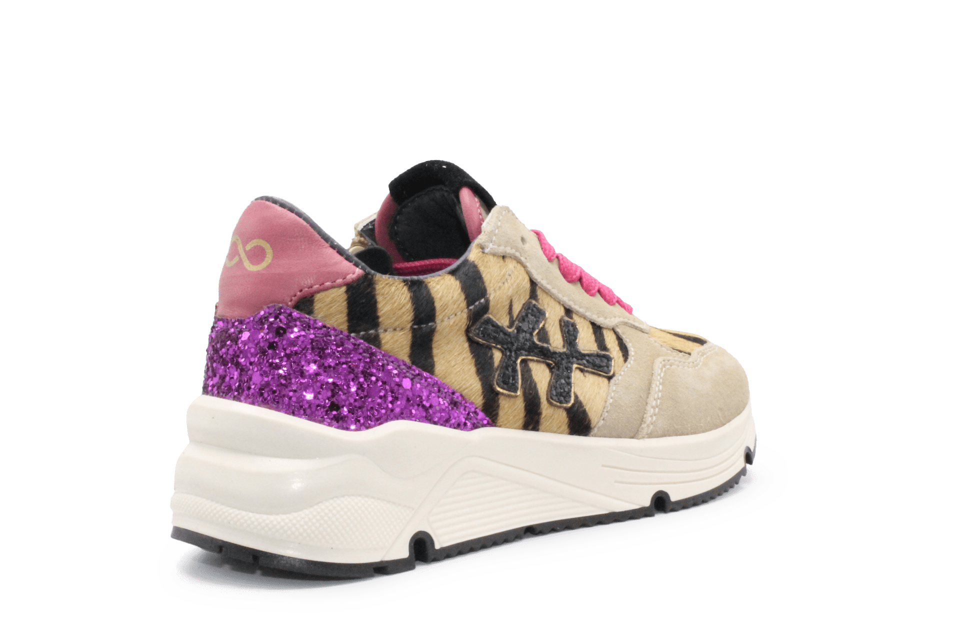Hip H1896 Meisjes Sneakers Beige Tijgerprint Suède met Roze Glitter en Rits - hatshoe