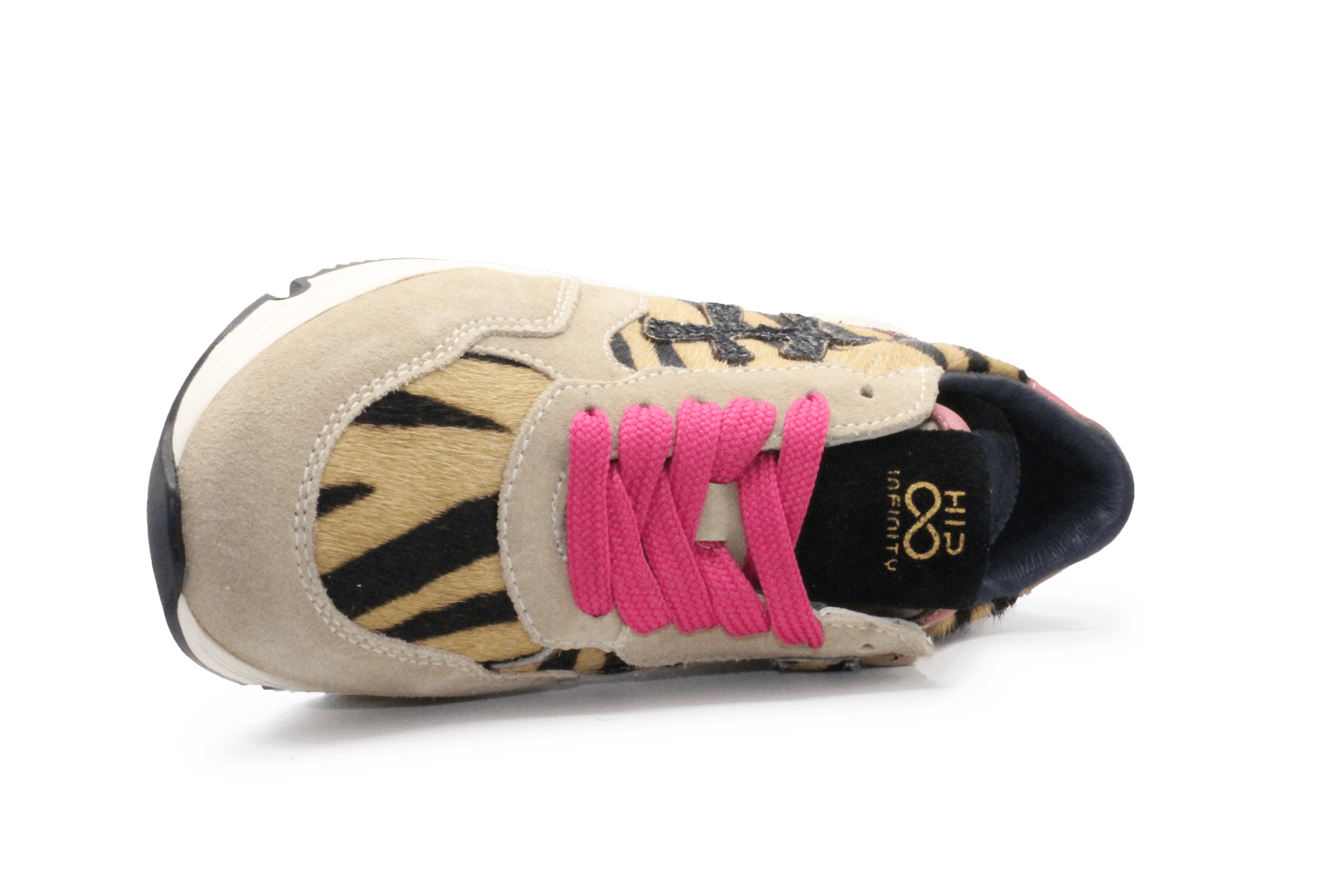Hip H1896 Meisjes Sneakers Beige Tijgerprint Suède met Roze Glitter en Rits - hatshoe