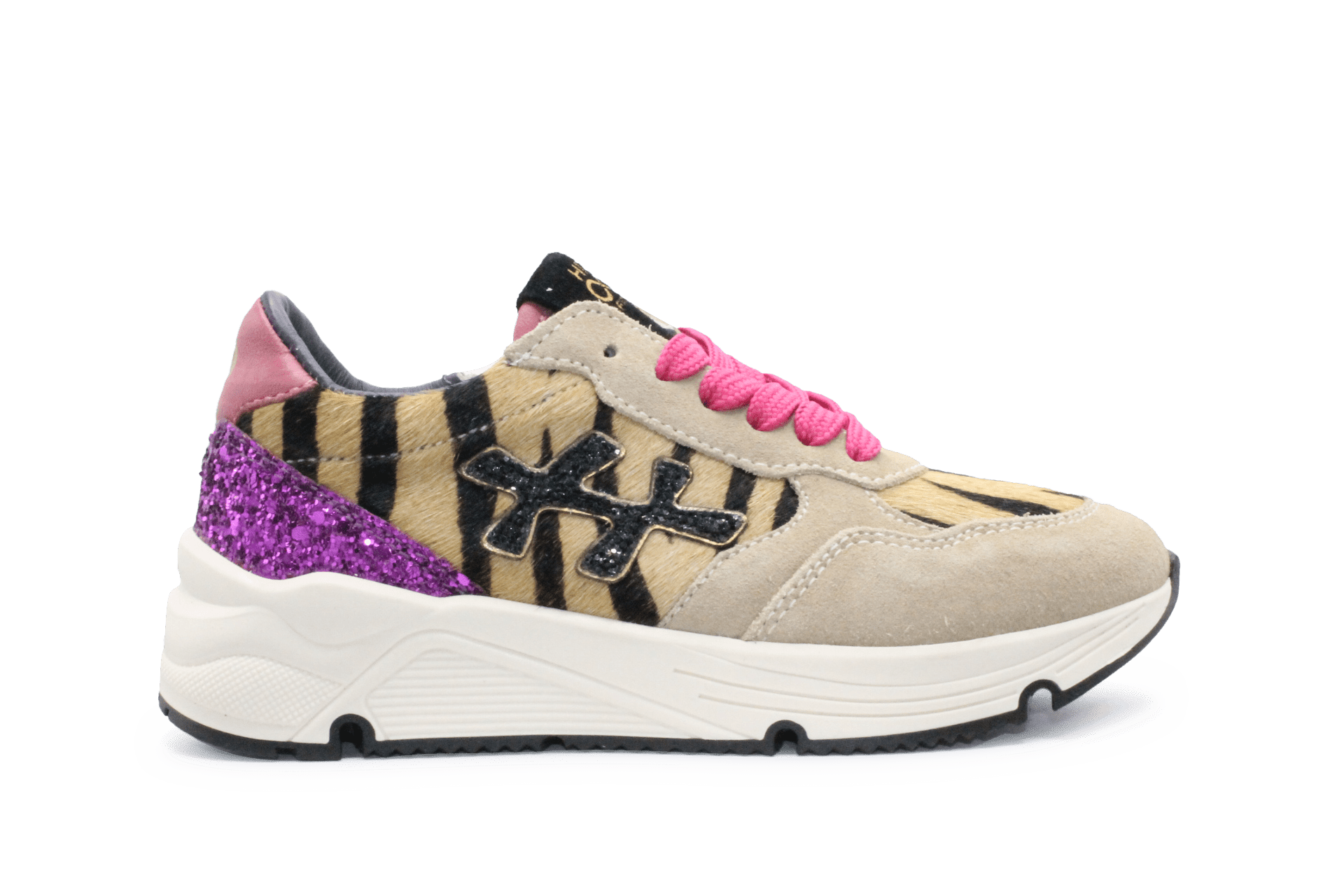 Hip H1896 Meisjes Sneakers Beige Tijgerprint Suède met Roze Glitter en Rits