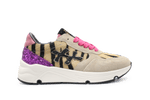 Hip H1896 Meisjes Sneakers Beige Tijgerprint Suède met Roze Glitter en Rits - hatshoe