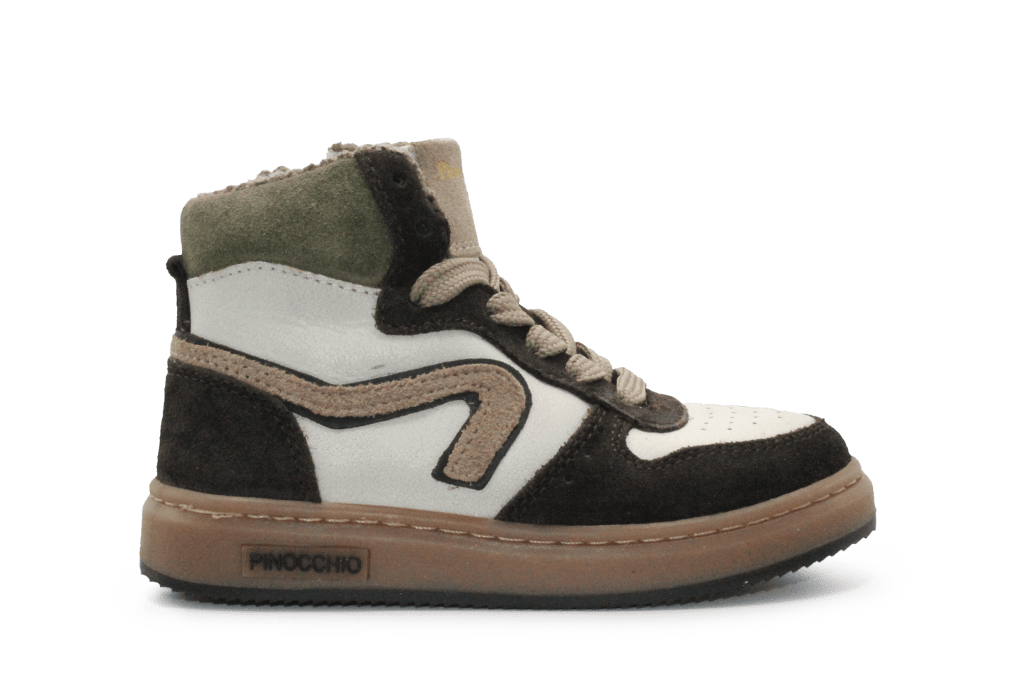 Pinocchio Hoge Sneaker P1803 Wit/Bruin Leer & Suède – Veter en Rits - hatshoe